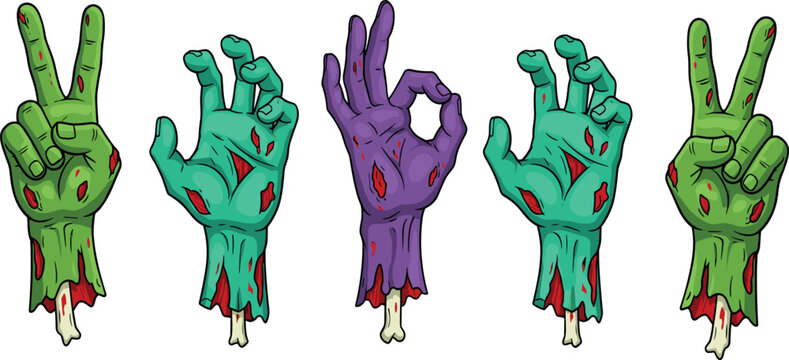 Set of colorful hand-drawn vector illustrations of severed zombie hands making various gestures isolated on a white background.
