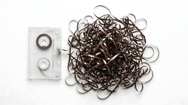 Transparent audio cassette with brown magnetic tape unspooled and tangled in a messy heap on a white background, representing retro technology failure.