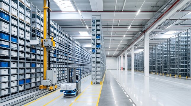 Modern automated warehouse facility featuring high-bay storage racks, an autonomous forklift transporting containers, and a stacker crane for efficient inventory management.