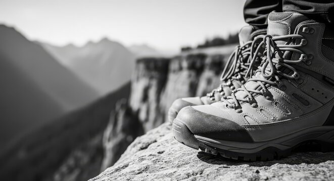 Close-up of sturdy hiking boots resting on a rocky cliff edge with a vast mountain landscape in the background, ready for adventure.