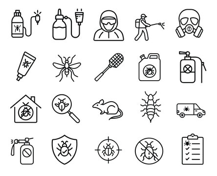 Pest control outline icons set exterminator service insect bug spray mosquito rat termite fumigation pesticide & more vector illustration with editable stroke.