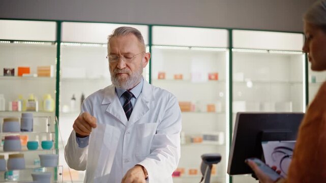 Pharmacy specialist preparing order processing payment inside drugstore closeup