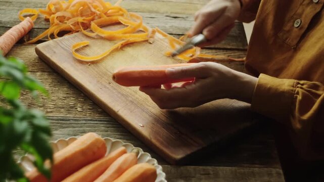 Female hands peel carrots with a vegetable peeler. Healthy vegetarian food, raw food diet.