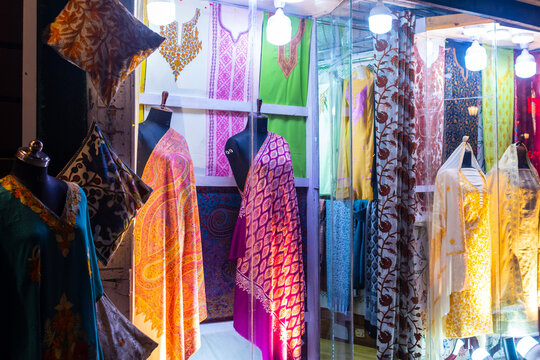 Views of Pashmina Kashmiri shawls and Kashmir wool shops located at Main market at Pahalgam, Kashmir, India.