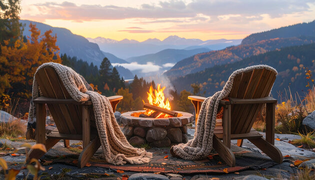 Campfire chairs mountains landscape