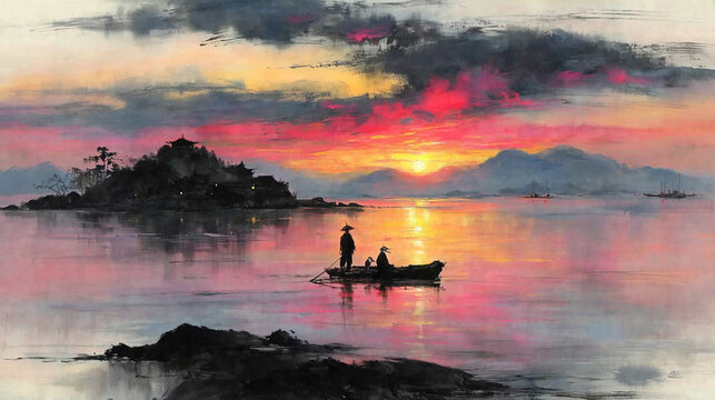Serene landscape painting of fisherman rowing boat with cormorants at sunset over calm water and distant mountains
