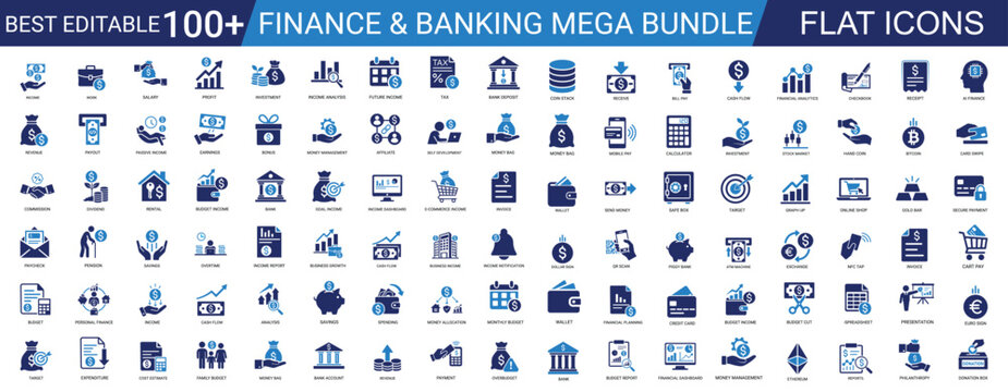 finance and banking solid glyph icon set. money, currency, payment, wallet, tax, credit card, profit, economy, transaction, savings. editable vector illustration.