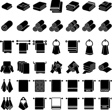 Large set of black bath and kitchen towel silhouettes, including folded, rolled, hanging on rails, and held by hand, isolated on a white background vector.