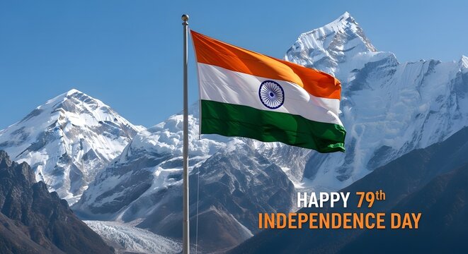Indian flag waving in front of snowy mountains on 79th independence day