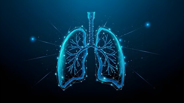 Glowing blue digital human lung visualization with trachea and bronchi on dark background