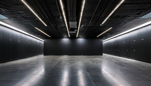 a state of the art empty hall with a concrete floor black walls and led lights positioned in a row on the black ceiling mockup