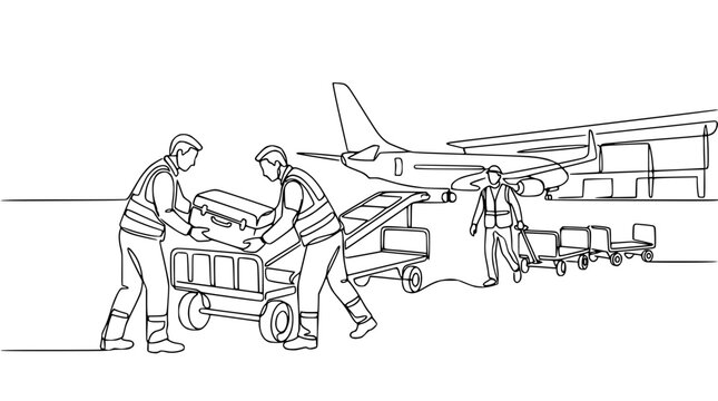 Airport ground crew loading luggage onto baggage cart near airplane and terminal building, one-line drawing.