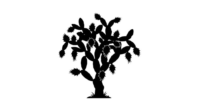 Black Prickly Pear Cactus Silhouette Isolated on White Background