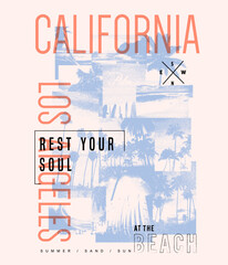 Fototapeta premium California Los Angels Beach Vector Graphic Prints. palm tree beach t-shirt design. Summer vintage retro graphic tee shirt design. boy's men's fashion graphic. typography slogan text print. 