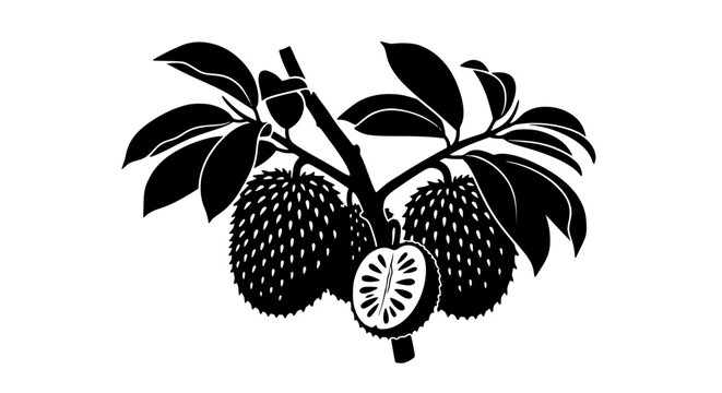 Soursop Fruit Silhouette Illustration with Leaves and Halved Fruit