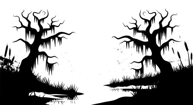 Spooky Swamp Silhouette with Gnarled Trees and Hanging Moss