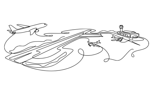 Continuous line drawing of airplanes taking off and landing at an airport with runway and control tower.