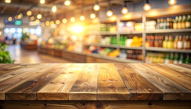 Empty wooden table foreground with blurred supermarket aisle background, warm lighting, ideal for product placement and retail themes