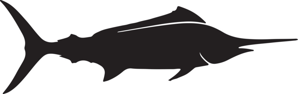 Elegant black silhouette of a marlin fish facing left, isolated on a white background, ideal for fishing logos, marine biology projects, and nautical themed graphic designs.