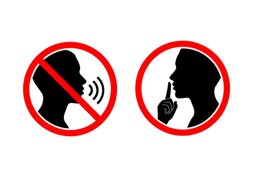 Vector graphic illustration depicting two contrasting communication rules with a forbidden speaking noise symbol and a shush quiet please gesture icon featuring human head silhouettes in bold red