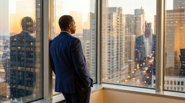 Pensive Black man in business suit standing by office window overlooking city skyline at sunset, reflective mood and urban professional atmosphere