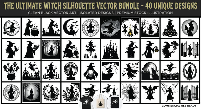 witch silhouette vector bundle black vector art isolated designs