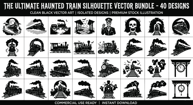 haunted train silhouettes vector bundle black and white isolated