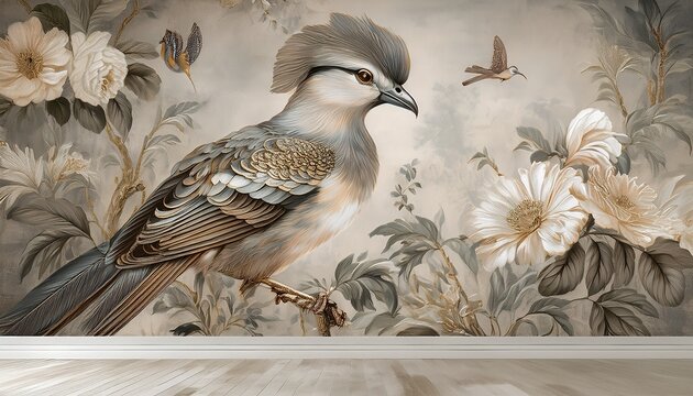 wall mural wallpaper in the style of loft classic baroque modern rococo wall mural with graphic birds and patterns on concrete grunge background light delicate photo wallpaper design