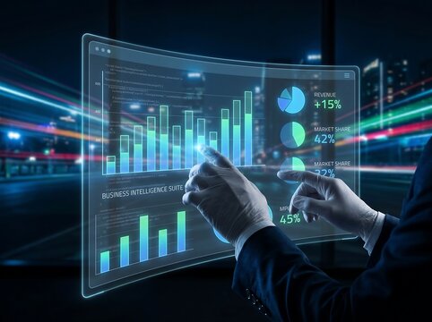 Data at your Fingertips: A high-tech digital interface displays complex business analytics, as hands interact to dissect and understand the data with innovation and vision.