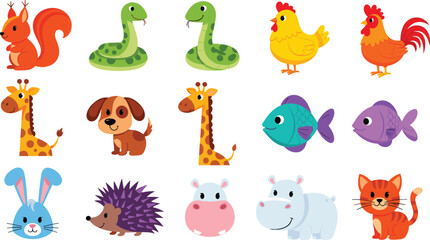 Obraz premium Large collection of cute cartoon animal vector characters featuring giraffe snake chicken fish hippo and hedgehog for children's educational books and nursery wall art.