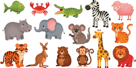 Obraz premium Large collection of cute cartoon animal vector characters including tiger lion koala giraffe zebra and elephant for children's educational books and nursery wall art decor.