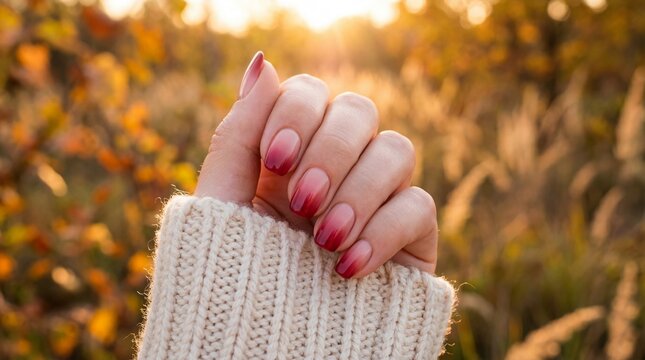 woman hand with trendy red ombre manicure wearing beige knitted sweater. gradient nail art design against blurred autumn nature background. fall season beauty concept. website header with copyspace