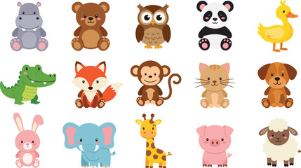 Adorable sitting forest and farm animals vector collection featuring panda hippo elephant giraffe fox monkey owl bear pig sheep duck cat dog, © MdJillur