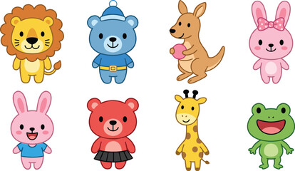 Obraz premium Set of cute standing cartoon animals vector collection featuring lion, bears in outfits, kangaroo, bunny rabbits, giraffe, and happy frog,