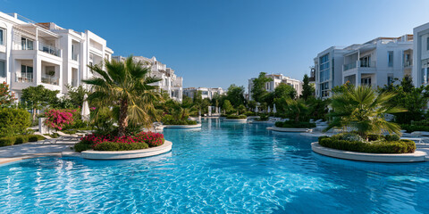 Fototapeta premium <Luxury Poolside Resort with Elegant Architecture and Serene Garden for a Relaxing Tropical Vacation>