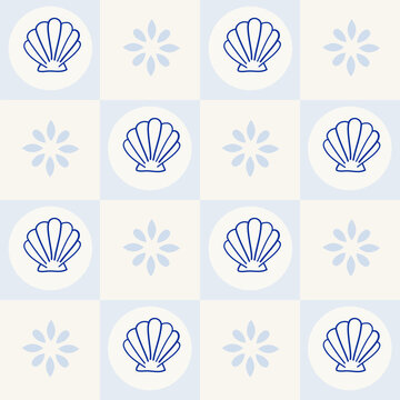 Mediterranean seashell tile pattern in Amalfi Coast doodle style with soft blue coastal colors