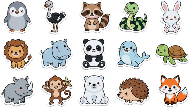 Cute animal sticker vector set featuring penguin ostrich raccoon snake bunny lion hippo panda seal turtle rhino monkey bear hedgehog fox,
