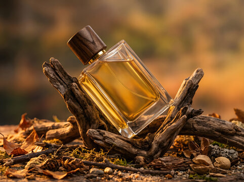 Elegant perfume bottle displayed on rustic wood with transparent background