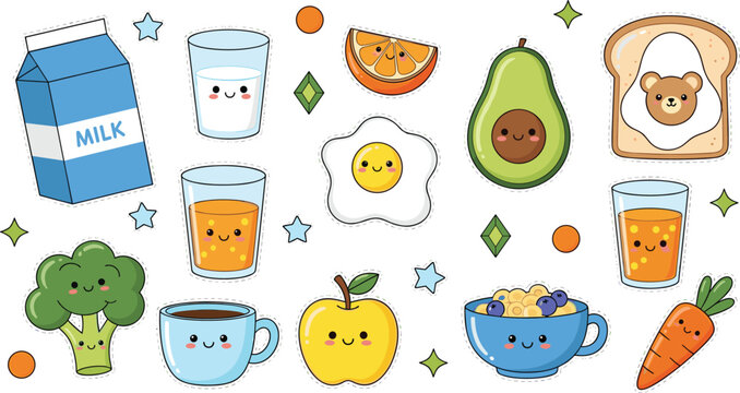 Kawaii breakfast food character set featuring cute milk carton egg avocado toast broccoli apple coffee and cereal sticker icons.