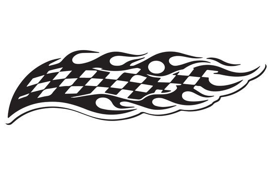 Racing checkered flag with dynamic flame elements, abstract vector illustration for speed.