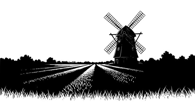 Black and White Woodcut Style Illustration of a Traditional Windmill in a Rural Field Landscape