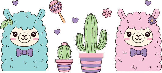 Cute hand drawn kawaii llama and alpaca vector collection with cactus plants and maracas in pastel colors for kids design. © MdJillur
