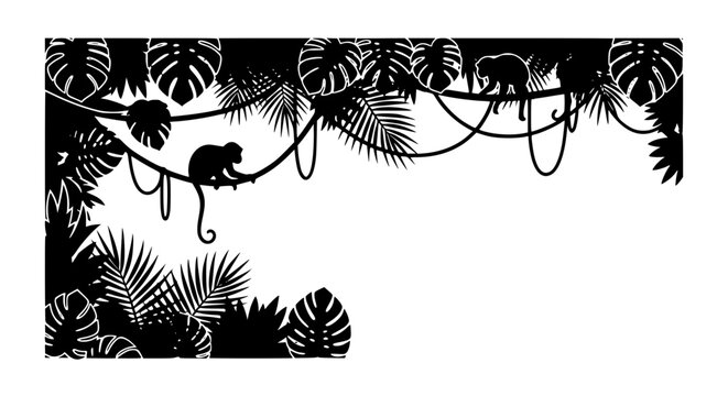 Tropical jungle silhouette frame with monkeys and exotic palm leaves