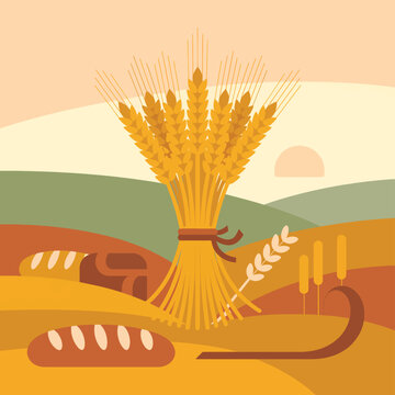 Golden wheat sheaf tied with a brown ribbon, sitting in a field with loaves of bread at sunset