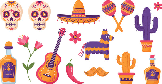 Traditional Mexican holiday vector illustration collection featuring decorative sugar skulls, tequila, guitar, pinata, and cactus icons on white background.