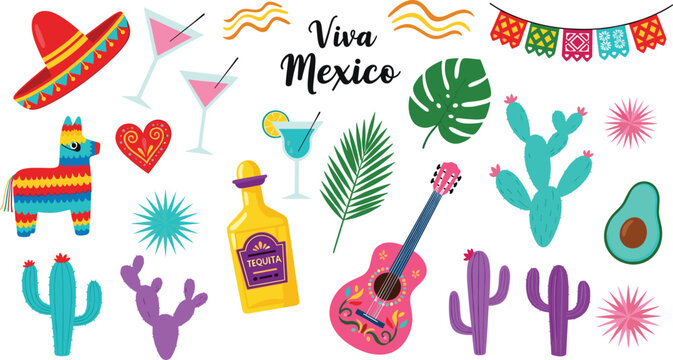 Colorful vector illustration collection of Mexican fiesta elements with Viva Mexico text, pinata, tequila, and tropical desert plants.