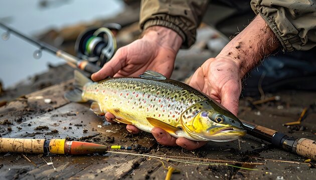 Fisherman holding a freshly caught trout with speckled scales, surrounded by fishing gear on muddy ground, outdoor recreation and hobby