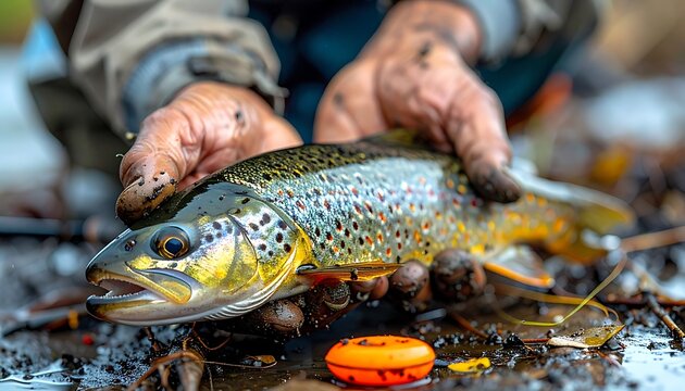Fisherman proudly displays a freshly caught brown trout with vibrant spots, showing his hands covered in mud and water, outdoor activity, nature, and sport