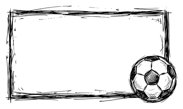 Soccer ball sketch frame with hand drawn border in artistic doodle style