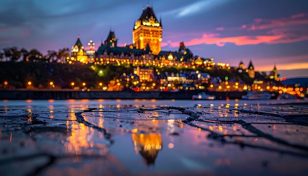 Fairmont Le Chateau Frontenac, Quebec City illuminated at twilight, historic architecture, waterfront view with reflections on wet cobblestones, dramatic sky